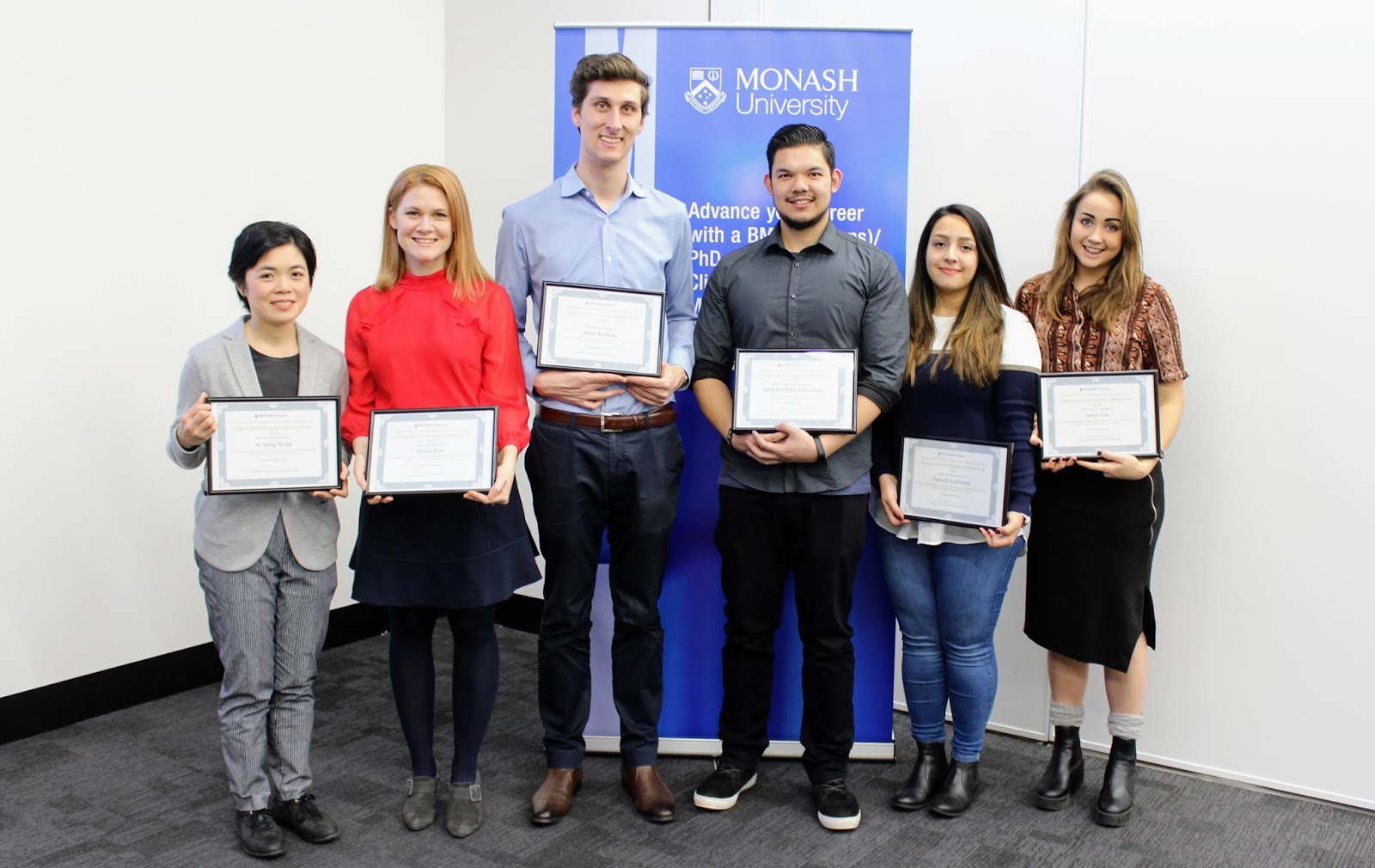 Ai-Ming Wong, Nicole Free, Aidan Kashyap, Mikee Inocencio, Nazanin Karimnia, Annie Cox, Three Minute Thesis Competition final winners