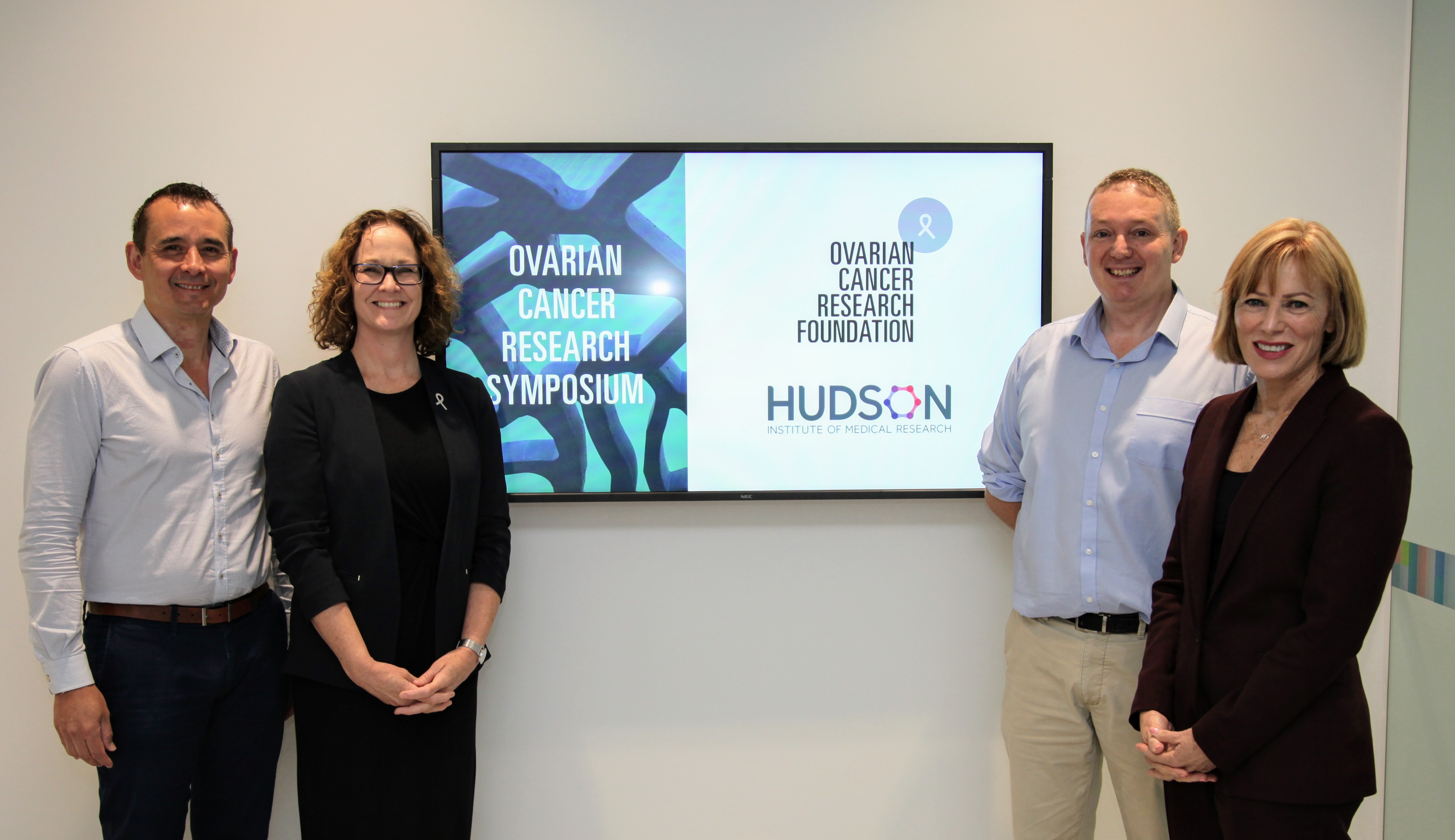 Dr Simon Chu, Professor Elizabeth Hartland, Dr Andrew Stephens and CEO Lucinda Nolan at the Ovarian Cancer Research Symposium held at Hudson Institute