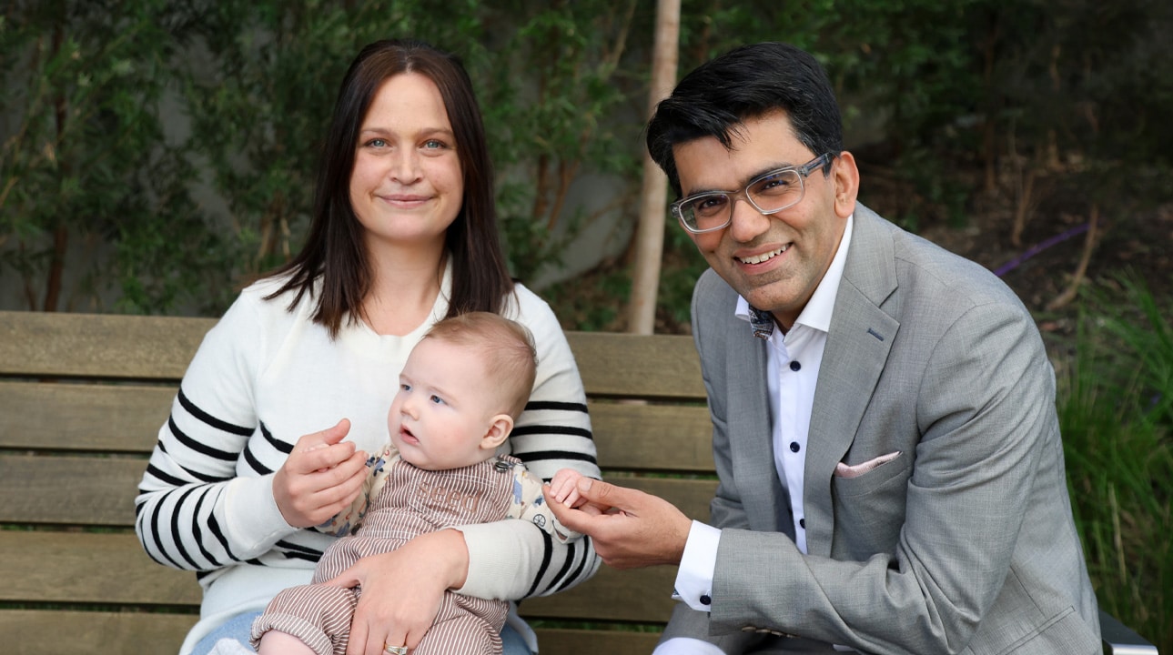 Associate Professor Atul Malhotra with Laren and baby Chase Whalley who suffered from an Unborn stroke