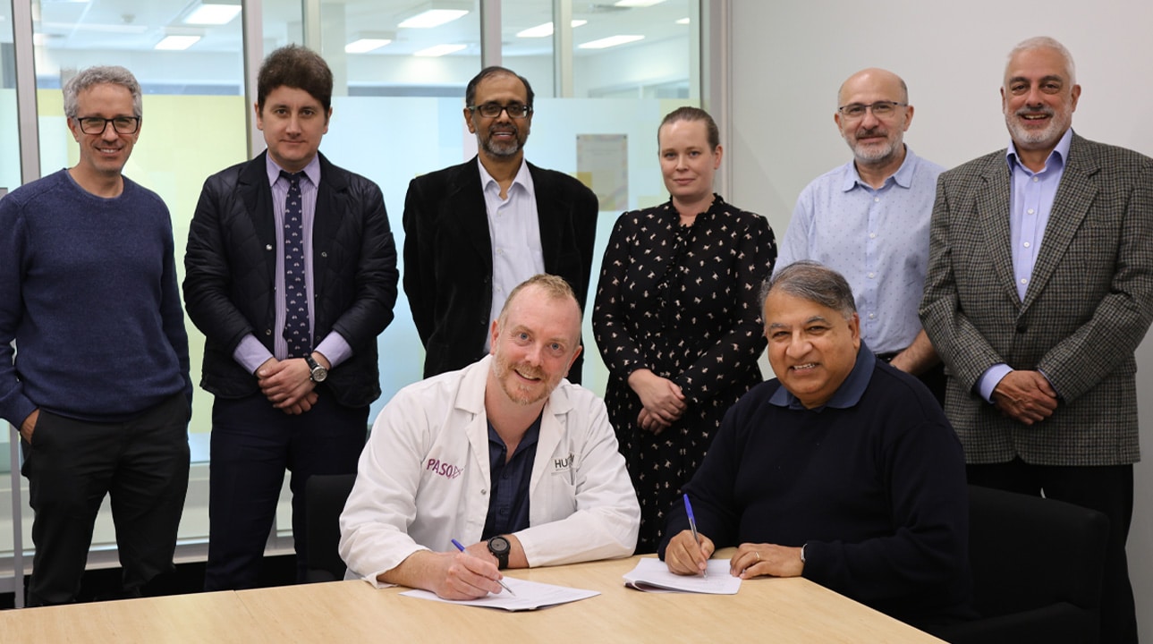 Back Row L-R: Prof Ron Firestein - Hudson Inst, Dr Ramin Behzadigohar, Dr Sanjeev Sewak, Dr Joanne Lundy, Mr Albert Goikhman, Mr Sankar Subramanian- PASO Medical. Front Row L-R: A/Prof Daniel Gough - Hudson Inst, A/Prof Vinod Ganju - PASO Medical.