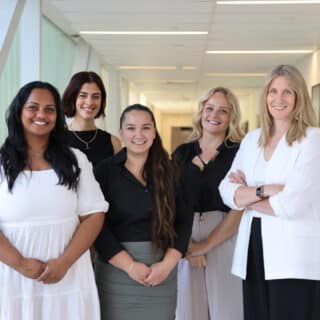 Professor Suzanne Miller with her PhD students Arya Jithoo, Beth Piscopo, Charmaine Rock and Tegan White