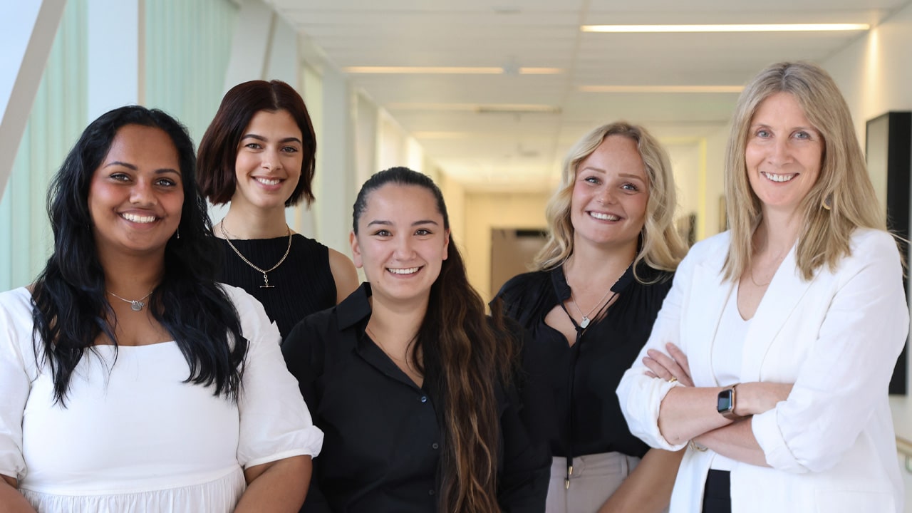 Professor Suzanne Miller with her PhD students Arya Jithoo, Beth Piscopo, Charmaine Rock and Tegan White Fostering future science leaders