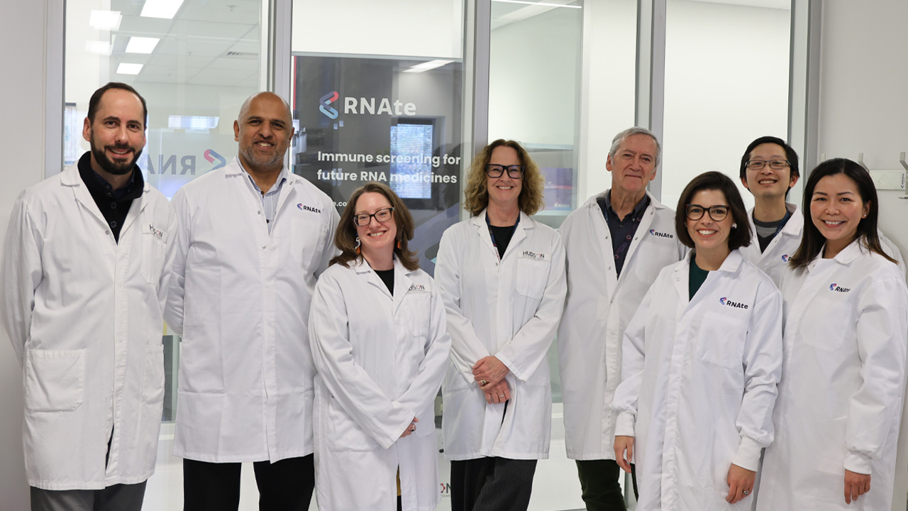 L-R: Associate Professor Michael Gantier, Dr Joseph Pereira, Kate Mackin, Professor Elizabeth Harland, Professor Paul Hertzog, Dr Natália Sampaio, Dr Garrett Ng, Dr Esther Ling RNA benefits