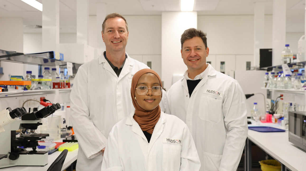 L-R: Professor Graeme Polglase, PhD student Dima Abdu, Dr Robert Galinsky research on Pregnancy infection